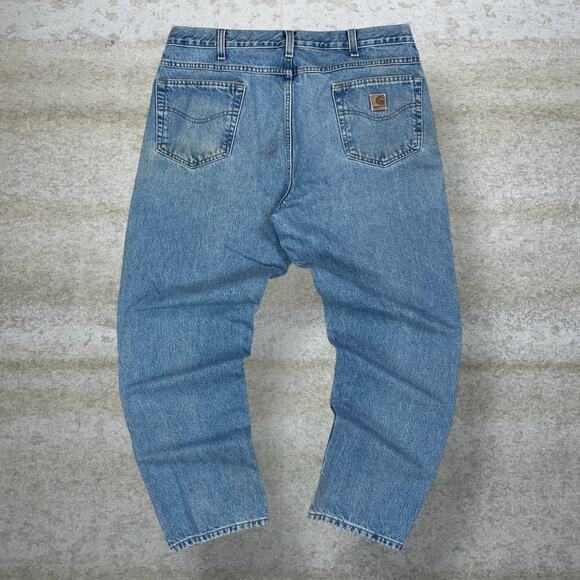 Vintage Carhartt Jeans Relaxed Fit Light Wash Work Wear Denim Leather Logo 90s - Picture 1 of 11